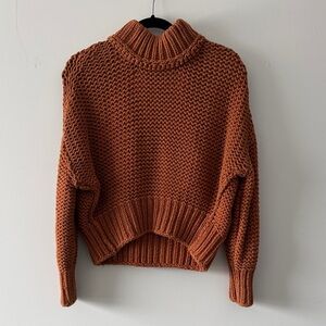 Free People My Only Sunshine Chunky Knit Turtleneck Sweater in Rust Orange